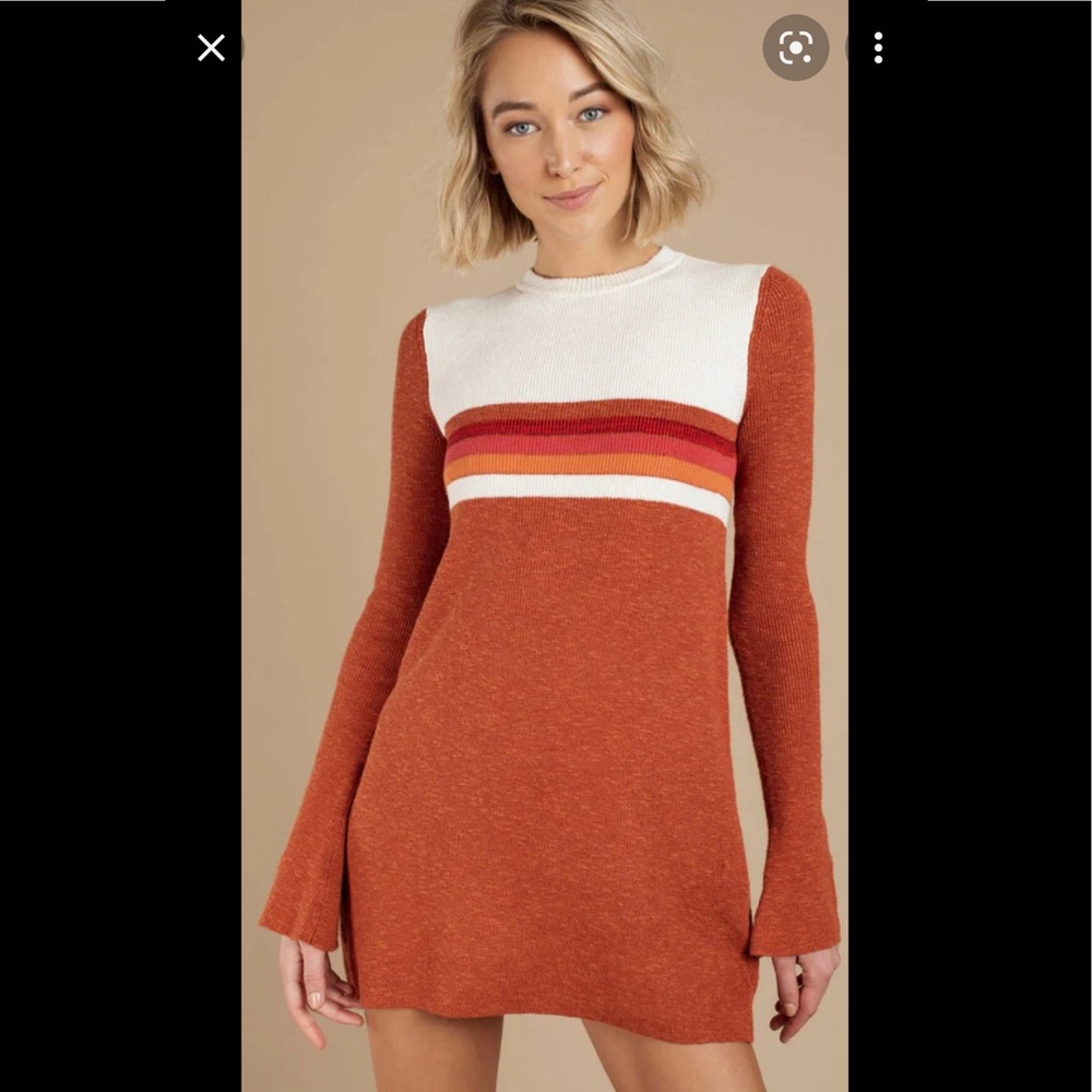 Free People Cream/Rust Color Block Sweater Mini Dress Bell Sleeve Size Medium